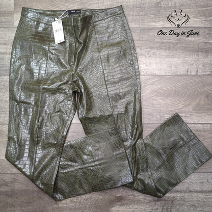 MNG Mango Cassie Faux Croc Leather Straight Leg Pants Olive Green NWT Size 12
