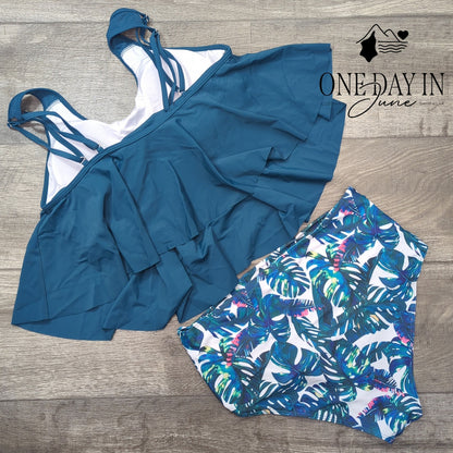 Adisputent Flounce Tankini High Waist Tropical Bikini Swimsuit Teal NWT Size XL