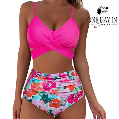 CharmLeaks Cross Front Tie Wrap High Waist Bikini Pink Floral Size S