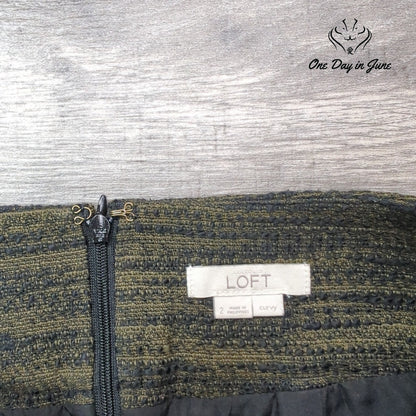 Loft Curvy Mini Skirt Olive Green Black Tweed Colorblock Size 2
