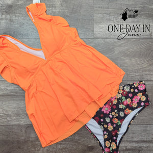 Beachsissi Ruffle V Neck Tankini High Waist Floral Swimsuit Orange NWT Size M