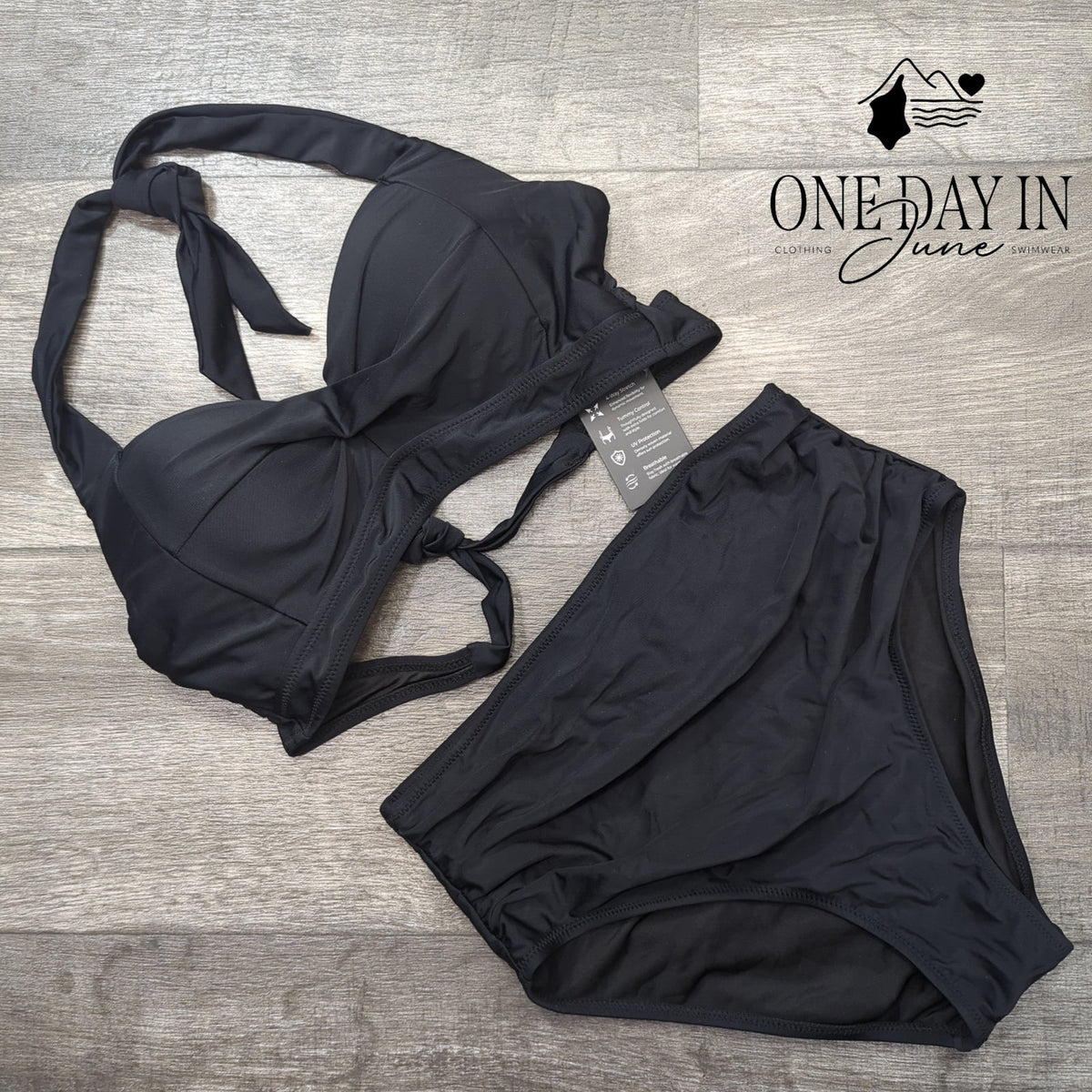 Tempt Me Twist Front Halter High Waisted Bikini Swimsuit Black NWT Size S