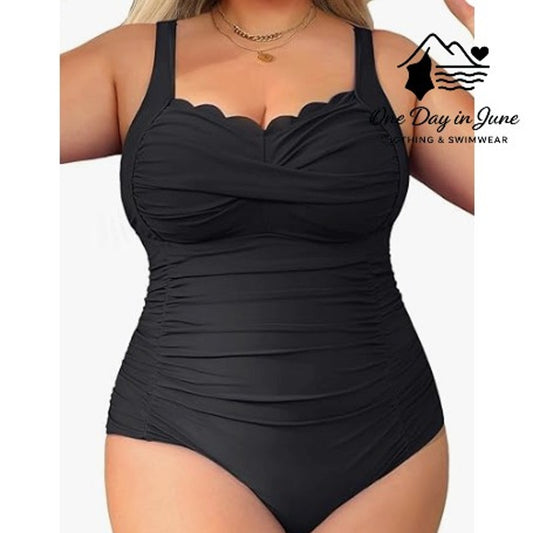 Aqua Eve Plus Size Scallop Edge Tummy Control One Piece Swimsuit Size 18W