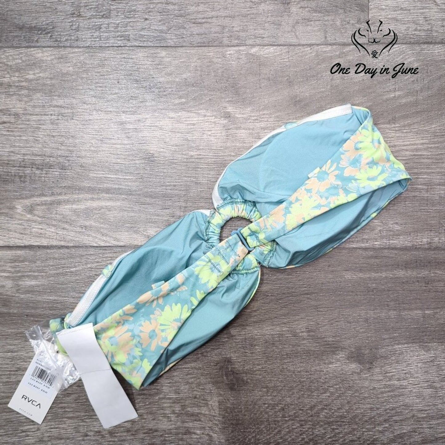 RVCA Field of Dreams Bandeau Bikini Top Blue Floral O Ring NWT Size L