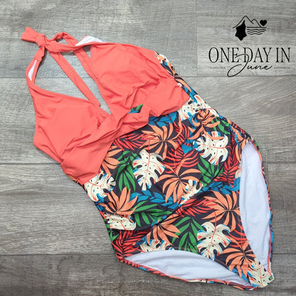 Adisputent Cross Front Tropical One Piece Swimsuit Size XL