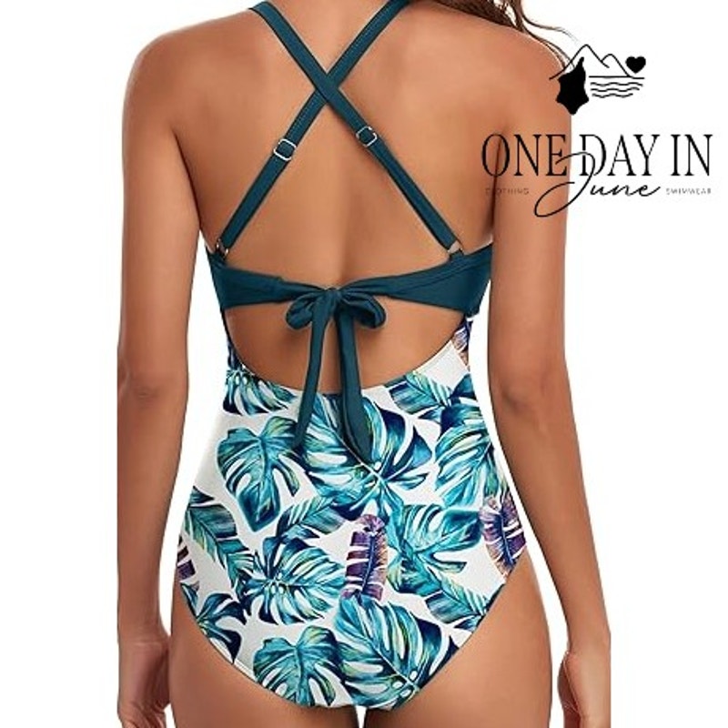 Eomenie Cross Front Cut Out Tie Back One Piece Swimsuit Tropical NWT Size L