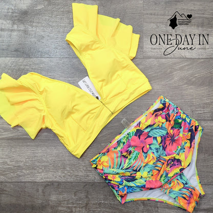Sporlike Yellow Ruffle Shoulder Tropical High Waist Bikini Swimsuit NWT Size M