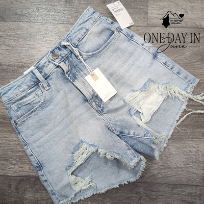Good American Bombshell High Rise Distressed Denim Shorts NWT Size 2