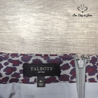 Talbots Petites Pencil Skirt Burgundy Purple Leopard Print Lined Size 8P
