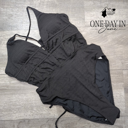 SOLY HUX Smocked Tie Back Cut Out One Piece Swimsuit Black NWT Size M