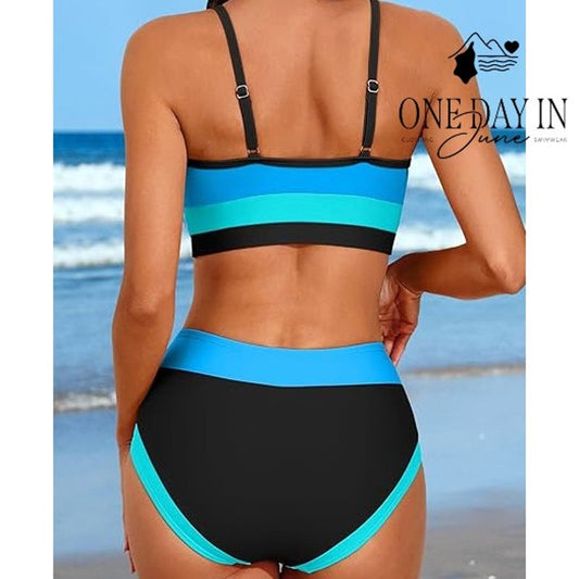 Charmo Colorblock Crop Top Bikini Swimsuit Blue Black High Waist NWT Size L