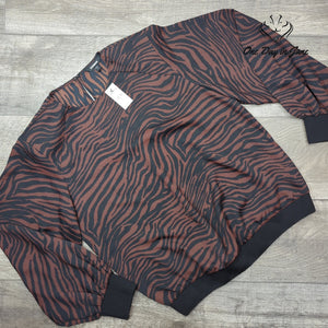 Express Zebra Print Shoulder Pad Long Sleeve Blouse Brown Black NWT Size M