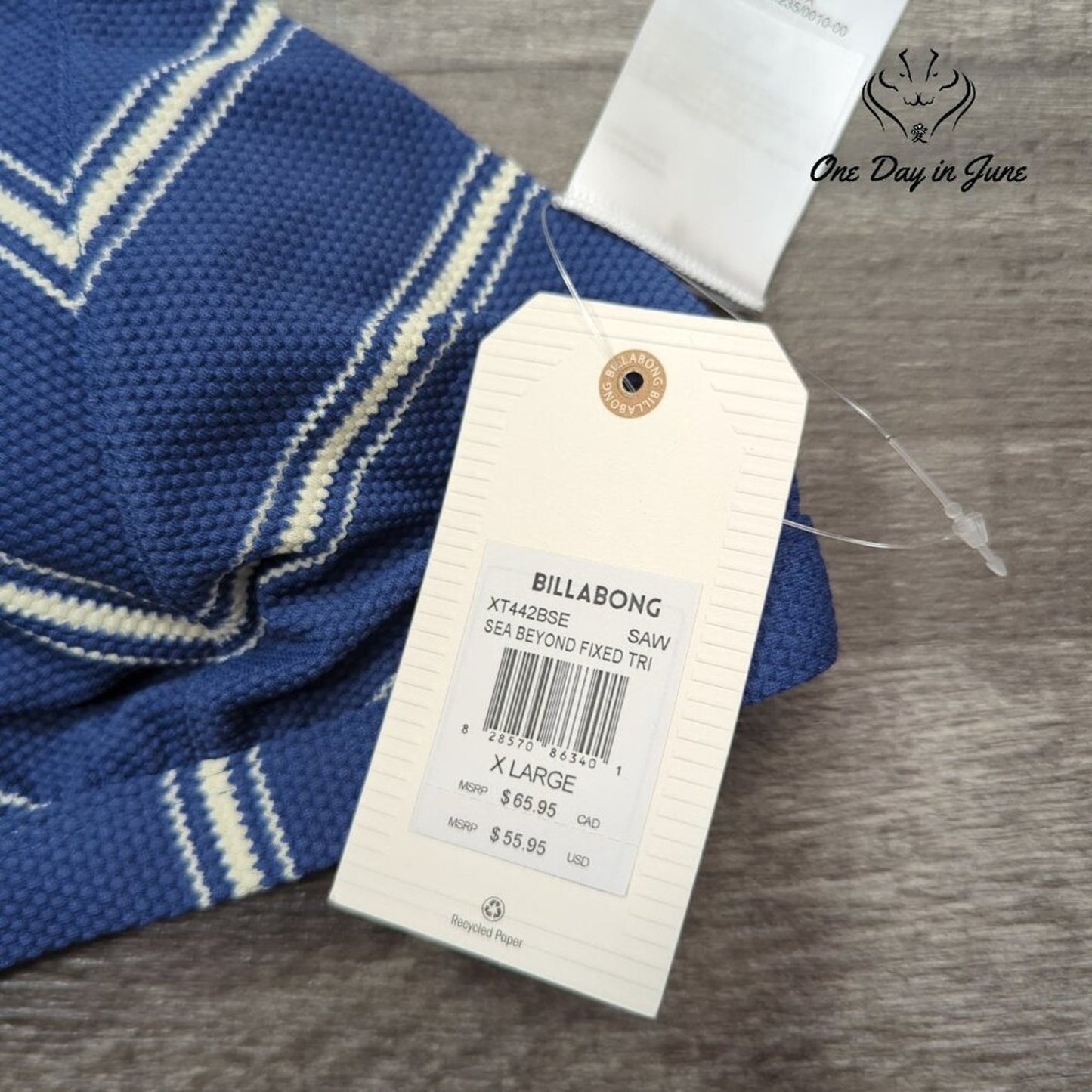 Billabong Sea Beyond Fixed Triangle Bikini Top Blue Stripe Sail Away NWT Size XL