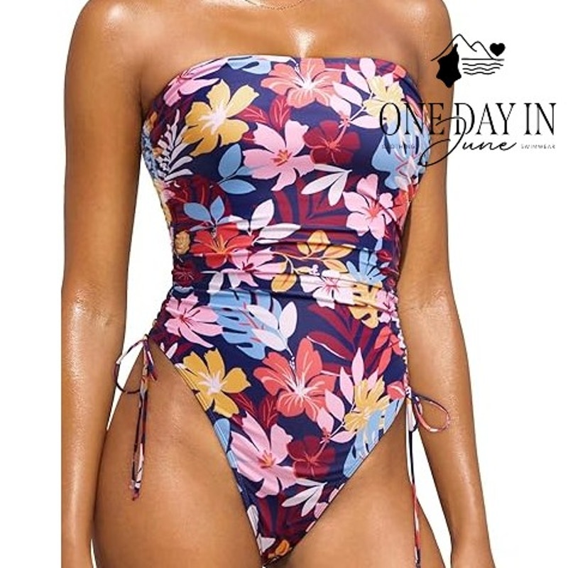 Yonique Floral Ruched One Piece Swimsuit Size M