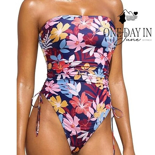 Yonique Floral Ruched One Piece Swimsuit Size M