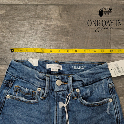 Good American Good Curve Straight Jeans Indigo338 Distressed NWT Size 00