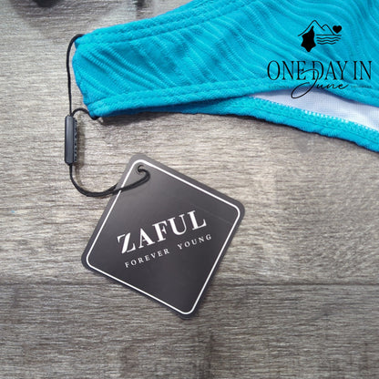 Zaful Textured Bandeau Bikini Swimsuit Turquoise Blue Ruched NWT Size S