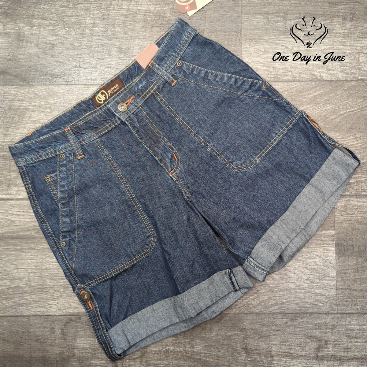 RF Jeans Slub Denim Cuffed Jean Shorts Blue Orange Stitch NWT Size 6