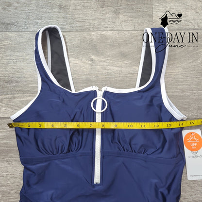 Charmo Half Zip One Piece Swimsuit Navy Blue White Trim NWT Size M