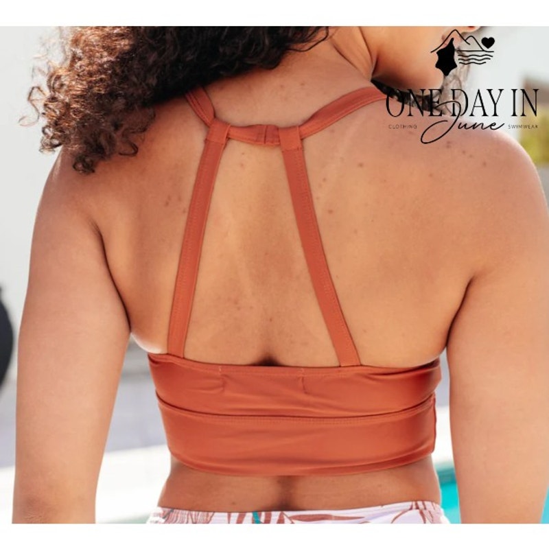 CharmLeaks High Neck High Waist Tropical Bikini Swimsuit Rust Size L