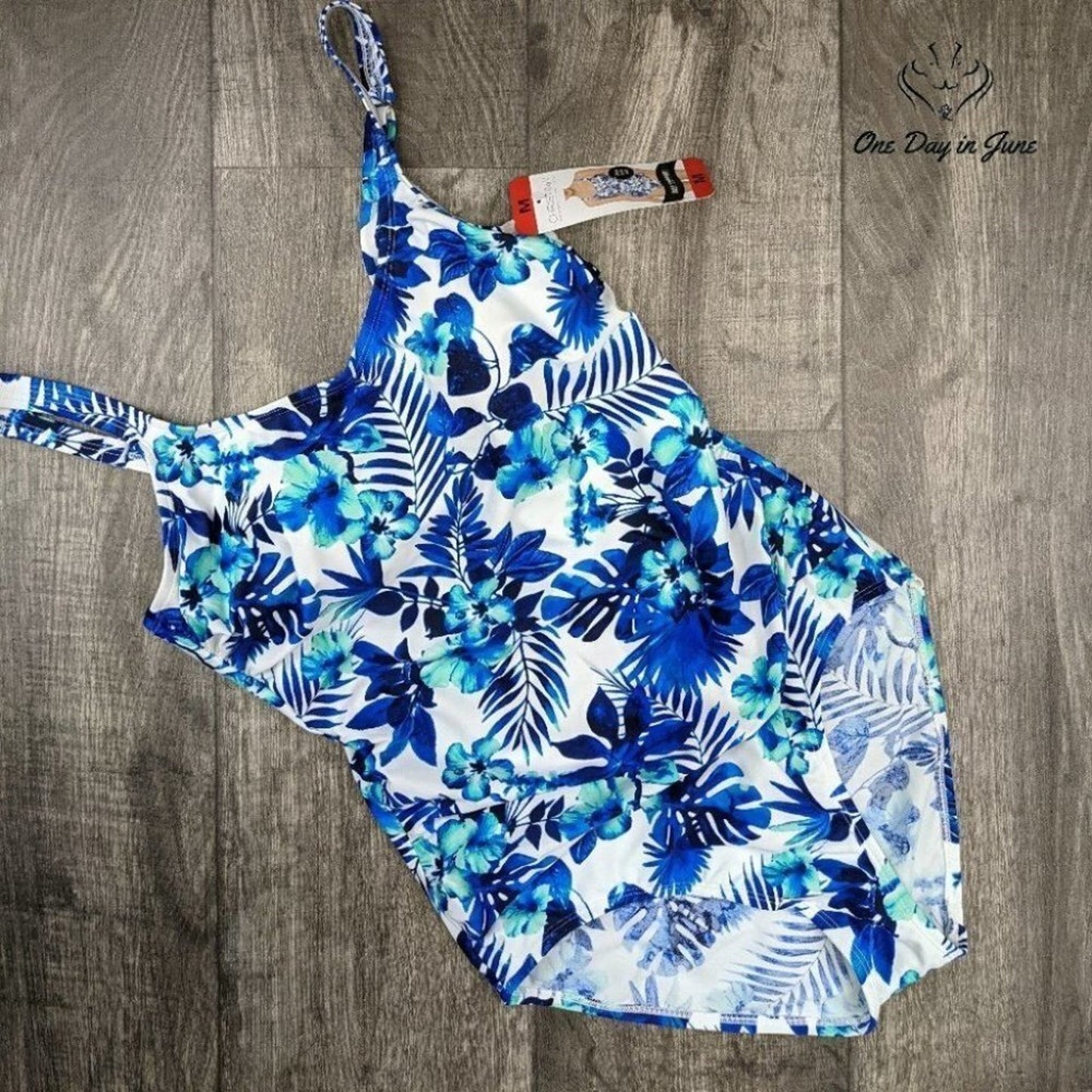Christina One Piece Swimsuit Blue Tropical Floral Tummy Control NWT Size M