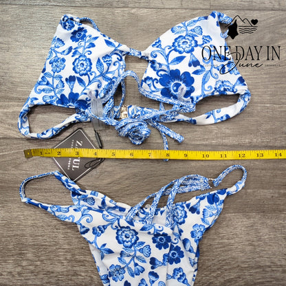Zaful Bikini Blue White Floral Cheeky Tie Side 2 Piece Swimsuit NWT Size S