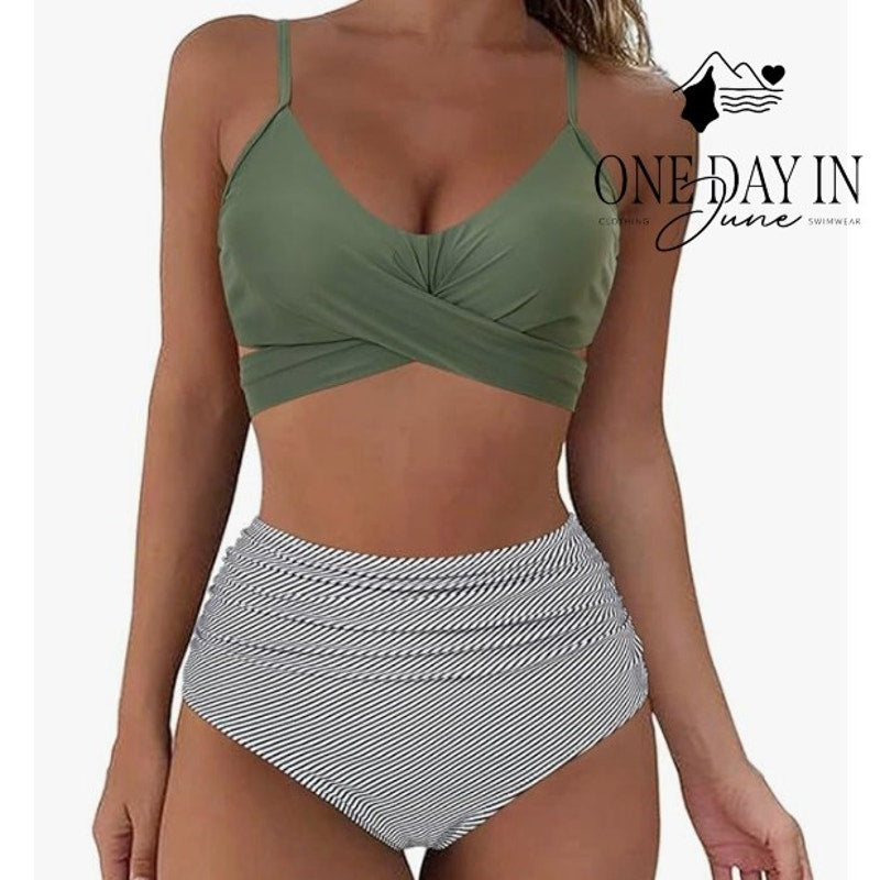 Aleumdr Cross Front Tie Back High Waiist Bikini Swimsuit Size L