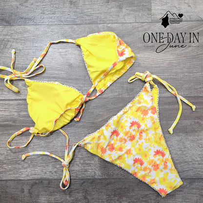 Adisputent Triangle Tie Side Bikini Swimsuit Yellow Orange Floral Size S