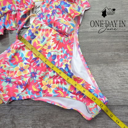 Sporlike Womens Floral Ruffle Triangle High Waist Bikini Swimsuit NWT Size S