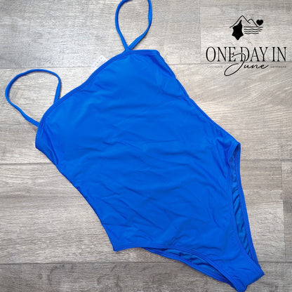 Relleciga Cheeky High Cut One Piece Swimsuit Royal Blue NWT Size S