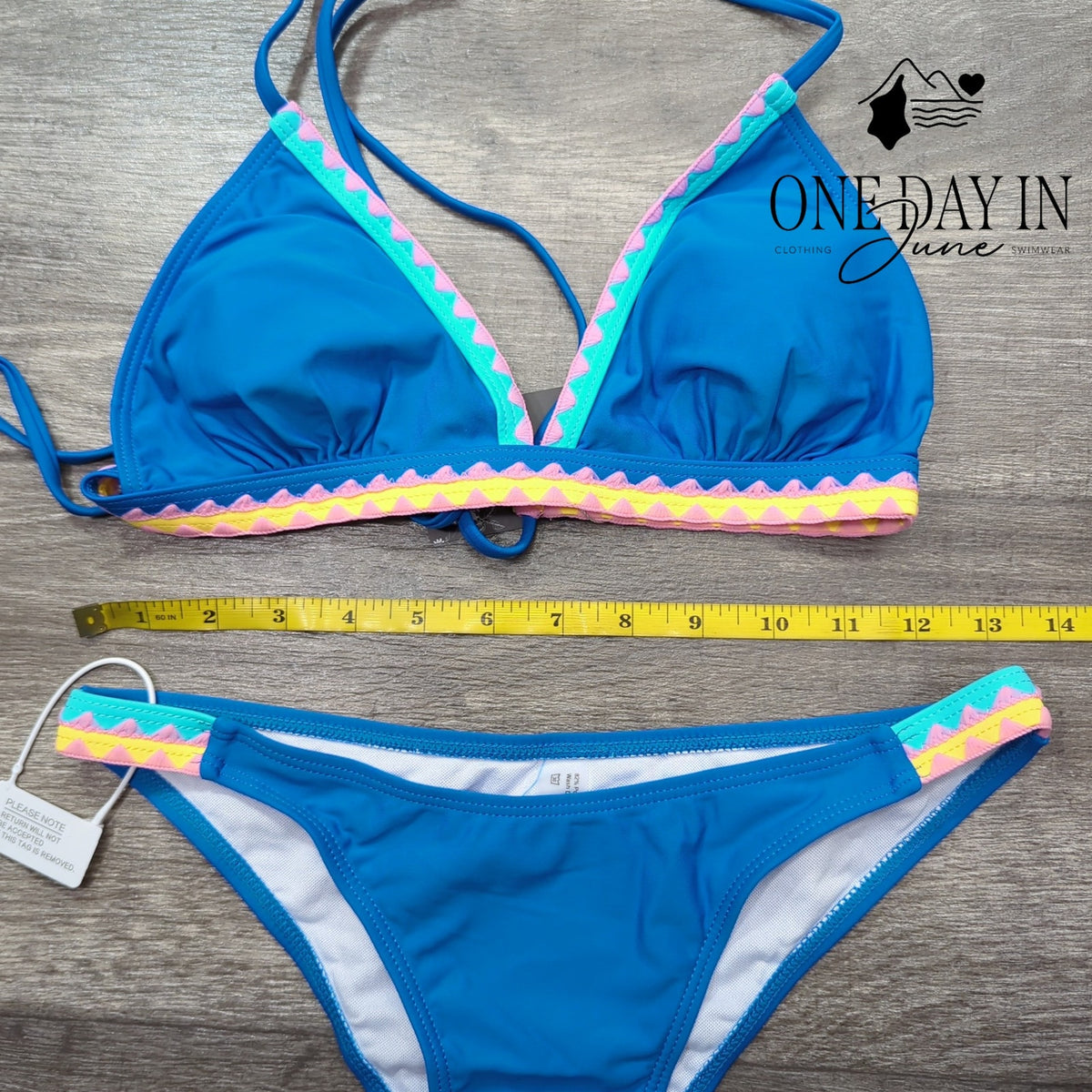 Bikinx Tie Back Triangle Bikini Swimsuit Blue Colorful Trim NWT Size S