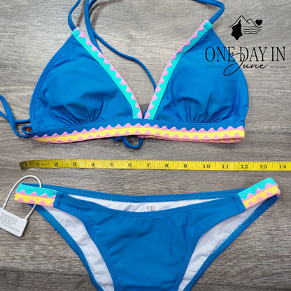 Bikinx Tie Back Triangle Bikini Swimsuit Blue Colorful Trim NWT Size S