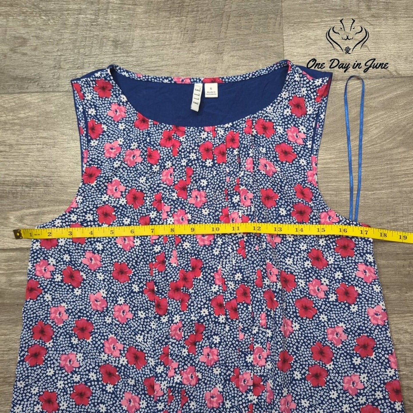 Elle Floral Pleated Tank Top Navy Pink Sleeveless Blouse Size S