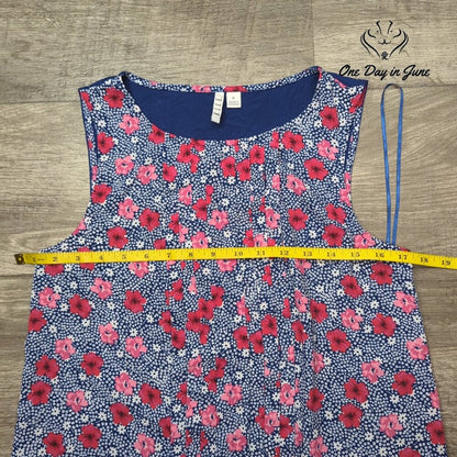 Elle Floral Pleated Tank Top Navy Pink Sleeveless Blouse Size S