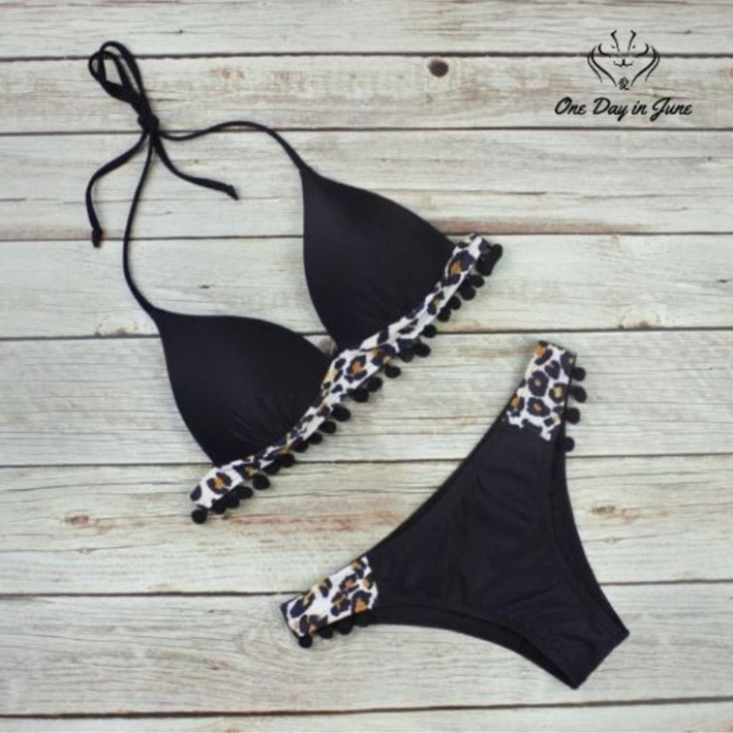 ODIJ Black Tassel Leopard Accent Bikini Size M