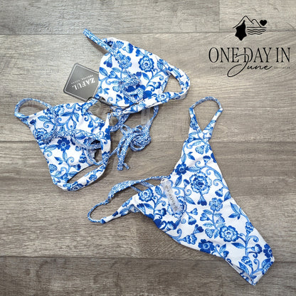Zaful Bikini Blue White Floral Cheeky Tie Side 2 Piece Swimsuit NWT Size S