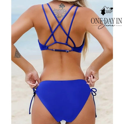 Cupshe Blue Ruched Side Bikini Swimsuit Strappy Criss Cross Back NWT Size XL