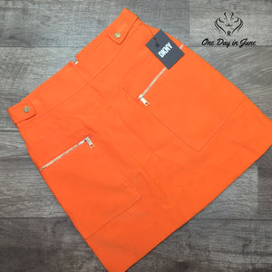 DKNY Orange Mini Skirt Gold Zip Pockets NWT Size 4