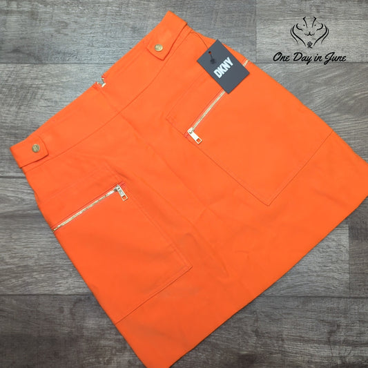 DKNY Orange Mini Skirt Gold Zip Pockets NWT Size 4