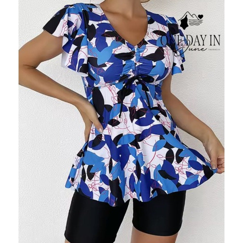 Adisputent Ruffle Sleeve Drawstring Boyshort Tankini Swimsuit Blue Size L