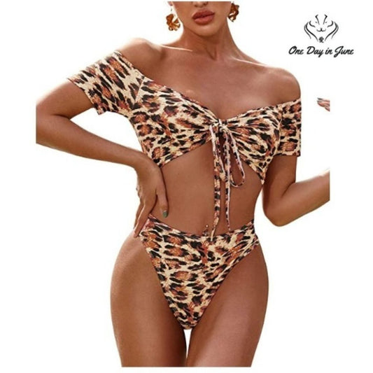 PRETTYGARDEN Leopard Print Knot Front Crop Bikini Size S