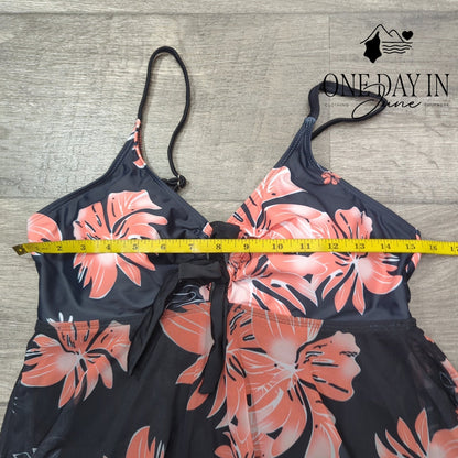 CharmLeaks Floral Mesh Swimdress One Piece Swimsuit Black Coral Size L