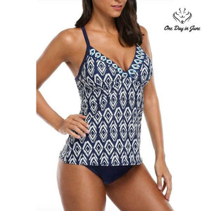 Sociala Cross Back Tankini Swimsuit Navy Blue Geometric 2 Piece NWT Size L