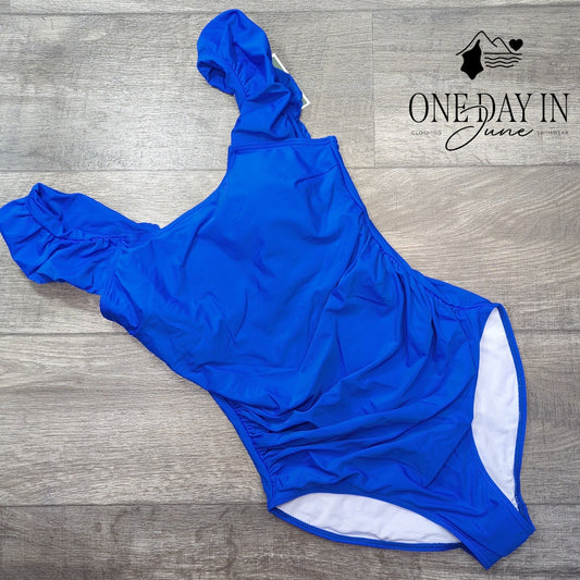 Eomenie Ruffle Shoulder One Piece Swimsuit Size M