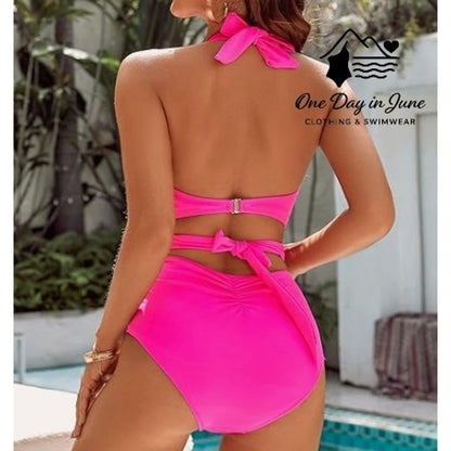 Blooming Jelly Halter Cross Front Wrap Ruched Bikini Swimsuit Size M