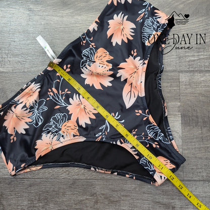 Beachsissi V Neck Ruched Cross Back Tankini Swimsuit Black Floral NWT Size L
