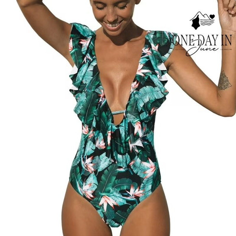 Sporlike Tropical Floral Ruffle Plunge V Neck One Piece Swimsuit NWT Size XL