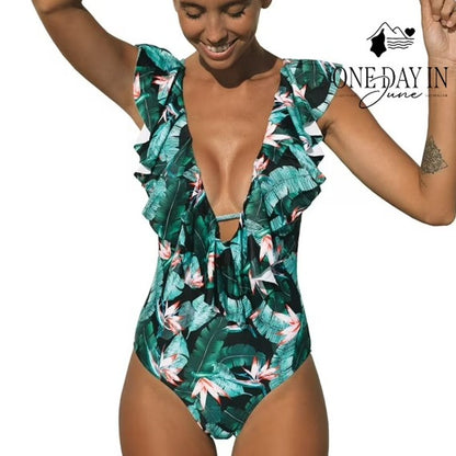 Sporlike Tropical Floral Ruffle Plunge V Neck One Piece Swimsuit NWT Size XL