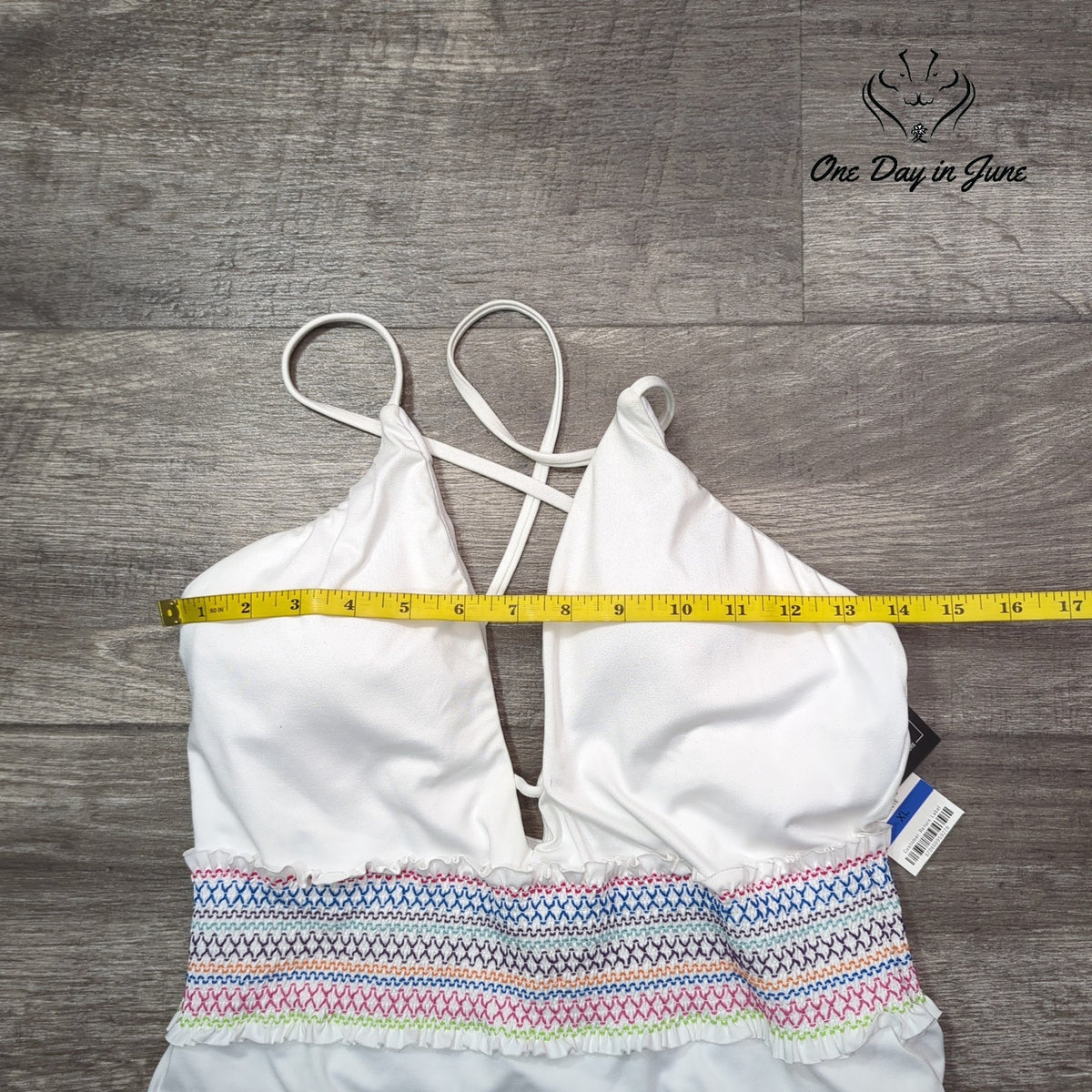 Bar III Smocking Solids Plunge One Piece Swimsuit White Rainbow NWT Size XL
