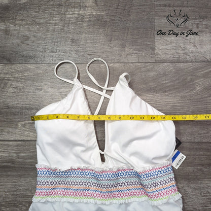 Bar III Smocking Solids Plunge One Piece Swimsuit White Rainbow NWT Size XL